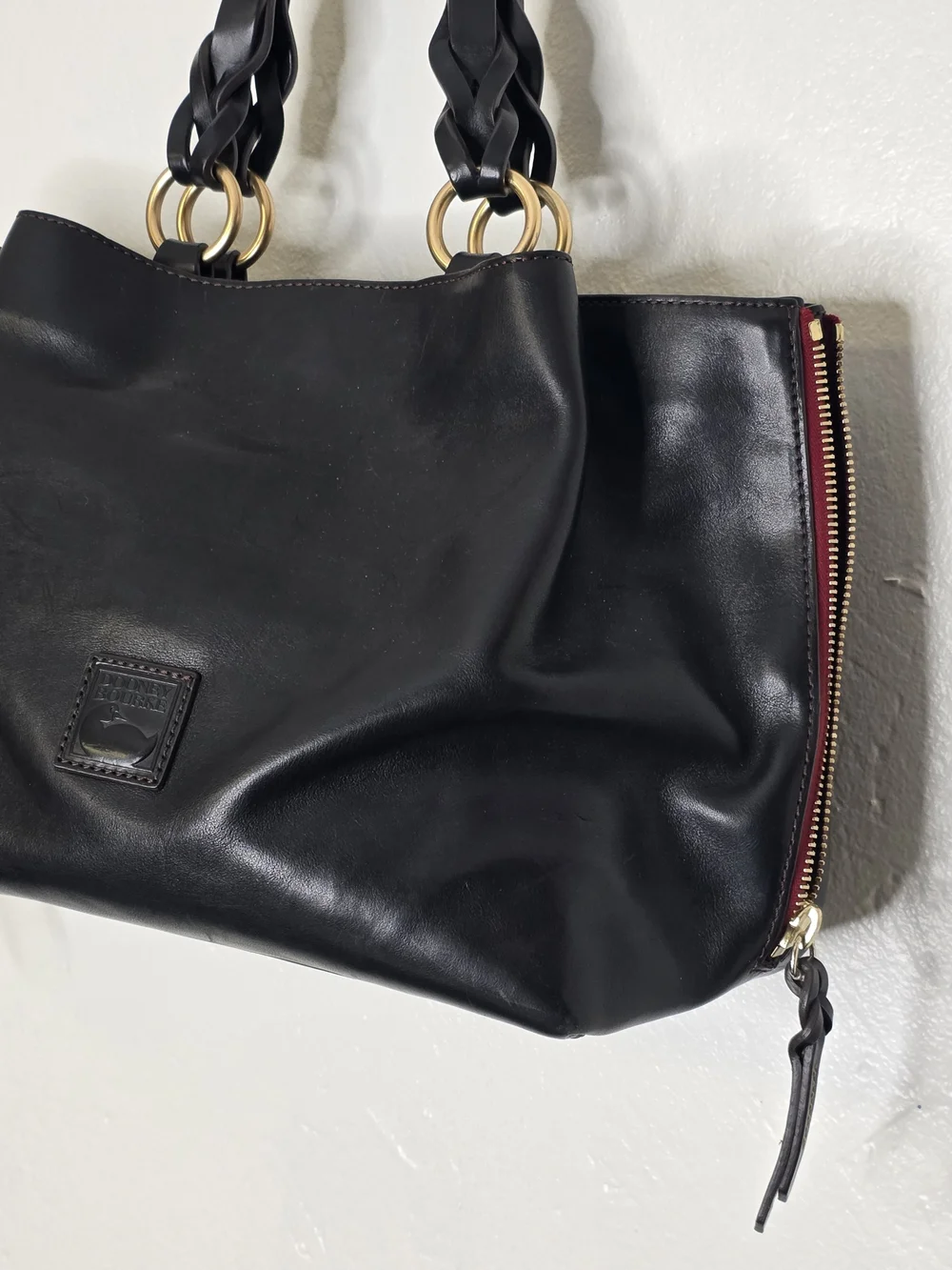 Dooney & Bourke Black Florentine Leather Tote with Braided Shoulder Straps